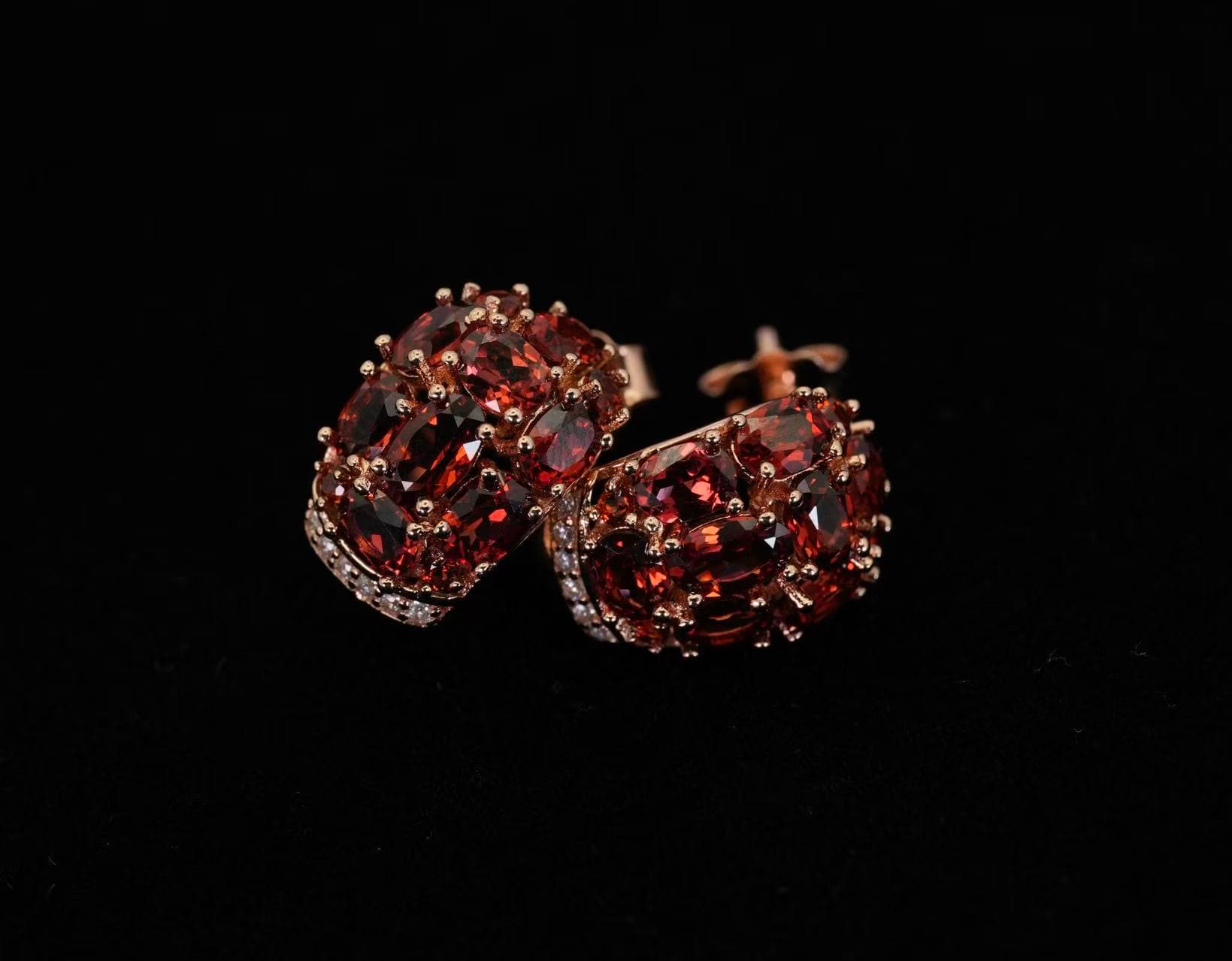 Crimson clustered huggie earrings in a rose-tone setting